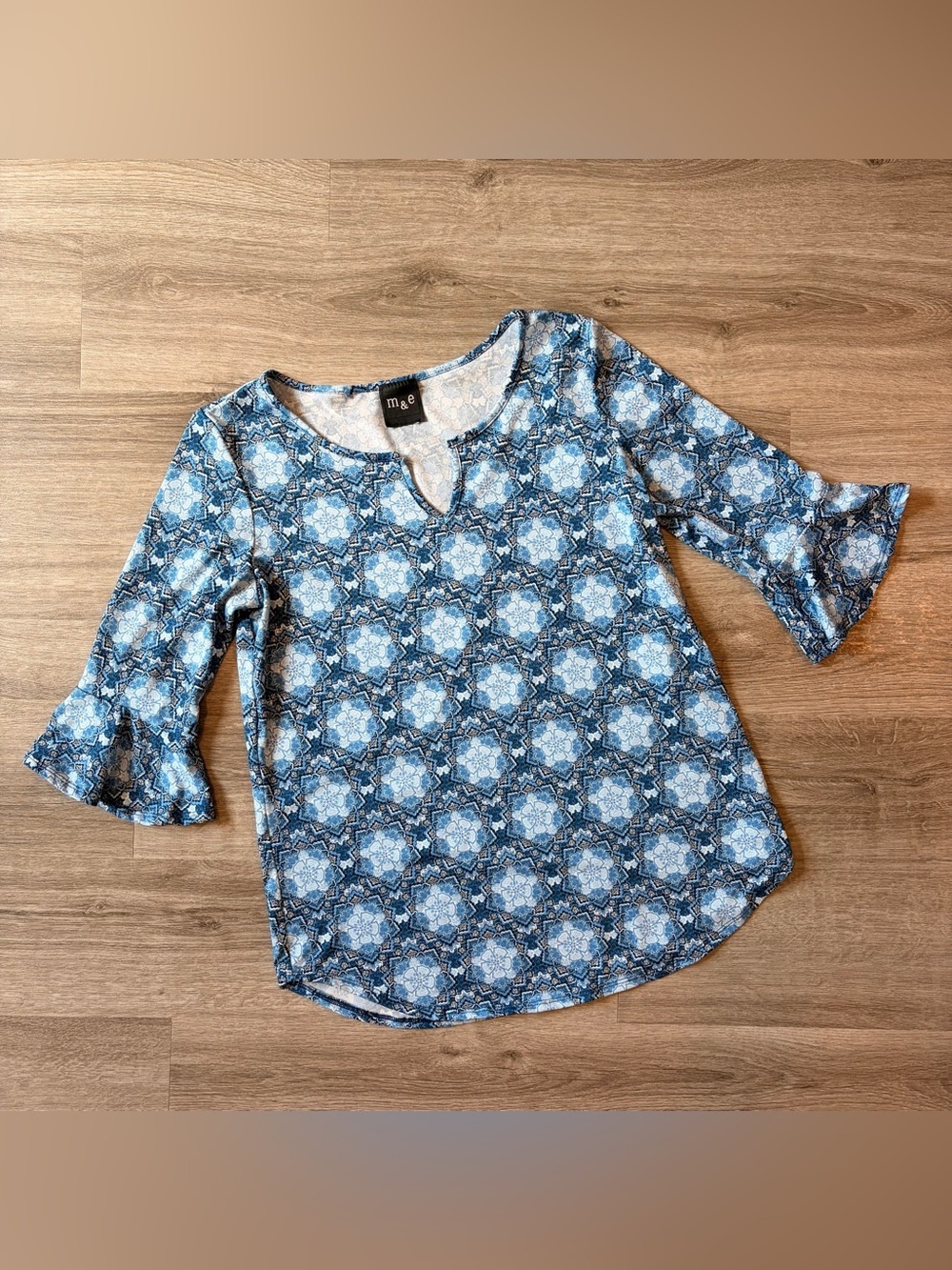 M & E blue printed top